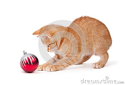 Cute Orange Kitten Playing with a Christmas Orname Stock Photo