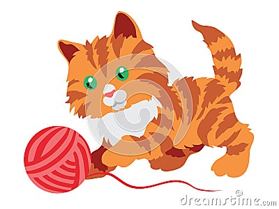 Cute orange kitten playing with a clew isolated on white Vector Illustration