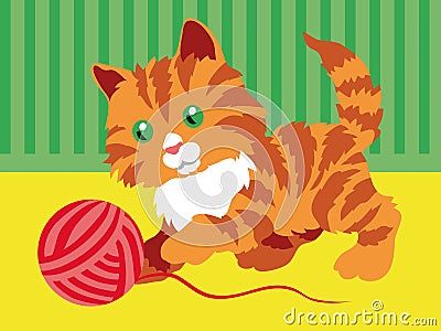Cute orange kitten playing with a clew in room. Vector Illustration