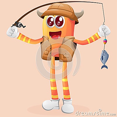 Cute orange monster fishing Vector Illustration