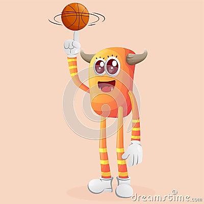 Cute orange monster playing basketball, freestyle with ball Vector Illustration