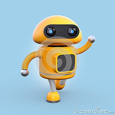Cute orange robot shaking his right hand on blue background Stock Photo