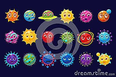 Cute orbs and planets sett with different emotions vector Illustrations, funny emoji characters for site, video Vector Illustration