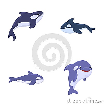 Cute orca icons set cartoon vector. Little cartoon killer whale Vector Illustration