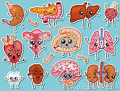 Cute organs. Happy human, Set of smiling characters. Vector pins, cartoon kawaii icons. Healthy heart, stomach, liver Vector Illustration