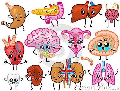 Cute organs. Happy human, Set of smiling characters. Vector pins, cartoon kawaii icons. Healthy heart, stomach, liver Vector Illustration