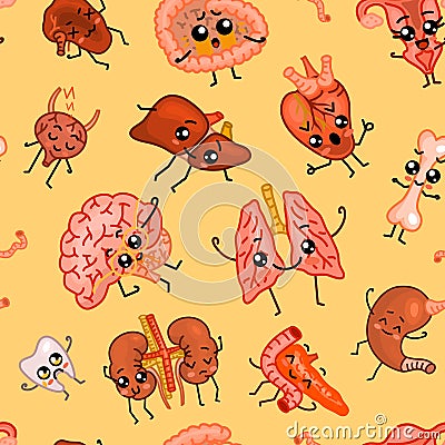 Cute organs Seamless pattern. Happy human, Set of smiling character. Cartoon kawaii icon. Healthy heart, stomach, liver Vector Illustration