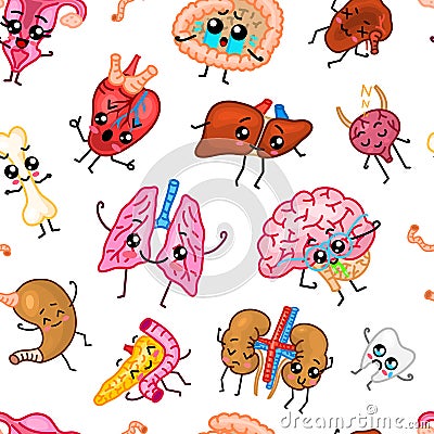 Cute organs Seamless pattern. Happy human, Set of smiling character. Cartoon kawaii icon. Healthy heart, stomach, liver Vector Illustration