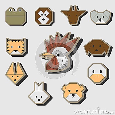 Cute origami animals stickers icon set Vector Illustration