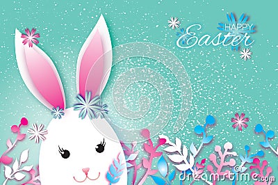 Cute Origami Funny Bunny, Flowers. Happy Easter Greeting card. Space for text. Vector Illustration