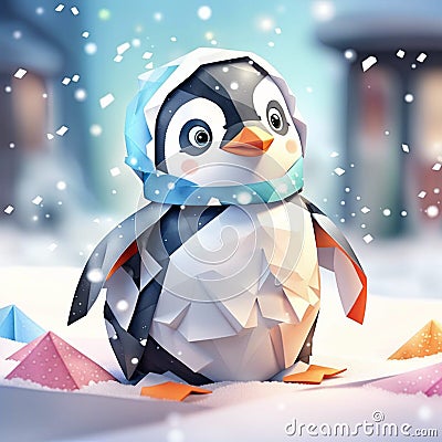 cute origami penguin during snowfall Stock Photo