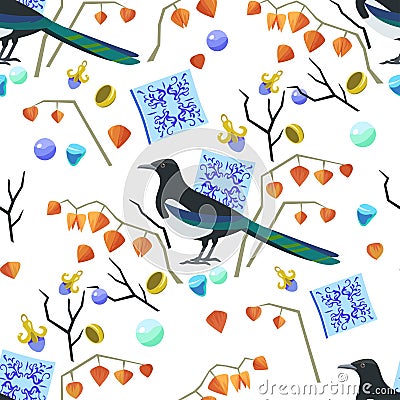 Cute original seamless pattern with magpie, majolic elements and jewelry. Vector illustration. Vector Illustration
