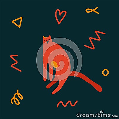 Cute original trendy cat sitting with abstract elements around. Vector illustration isolated on dark background Vector Illustration