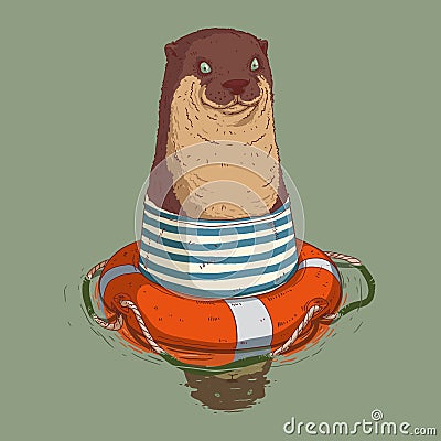 Cute otter swimming with life preserver Vector Illustration