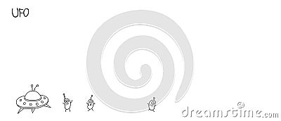 Cute outline funny aliens, flying saucer, spaceship. Background on the theme of UFO, space. Doodles vector illustration Cartoon Illustration