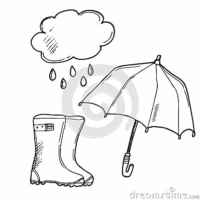 Cute outline illustration of cloud, rubber boots and umbrella. Weather concept. Rainy day. Cloud holds the umbrella. Hand drawn Vector Illustration