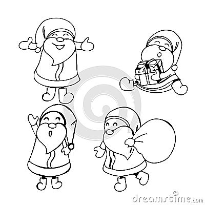 Cute outlined Santa Clauses in doodle style. Vector Illustration