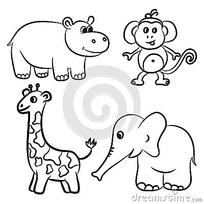 Cute outlined zoo animals collection Vector Illustration