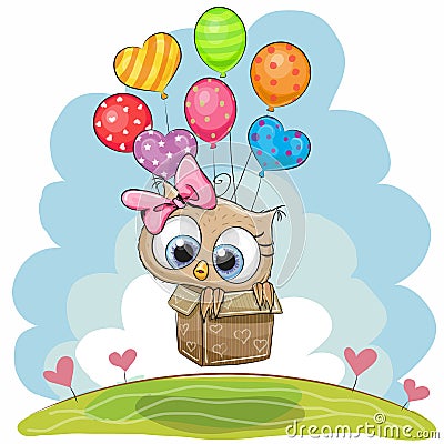 Cute Owl with balloons Vector Illustration