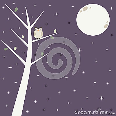 Cute owl on branch in starry night with beautiful moon background illustration Vector Illustration