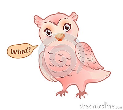 Cute owl in confusion. Funny cartoon emoji or smiley in a children`s style Vector Illustration