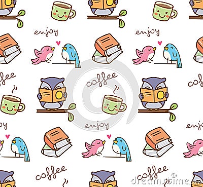 Cute owl enjoy coffee seamless pattern Stock Photo