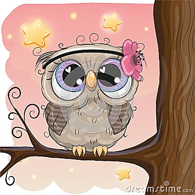 Cute Owl with flower on a brunch Vector Illustration