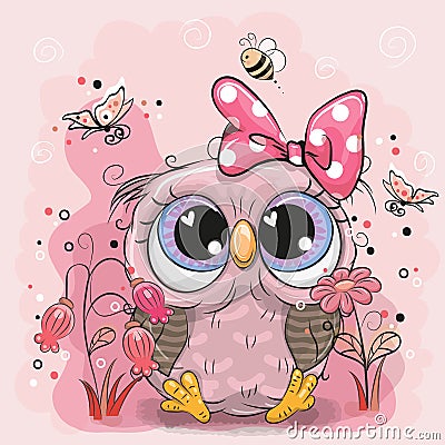 Cute Owl with flowers and butterflies Vector Illustration