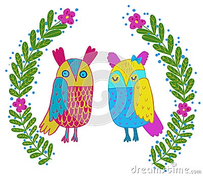 Cute owl in flowers frame.Cute hand drawn animal characters for kids design.Mothers day greeting card Vector Illustration