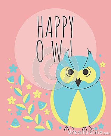 Cute owl with flowers and plants greeting card Vector Illustration