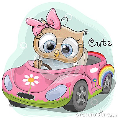 Cute Owl Girl goes on the car Vector Illustration