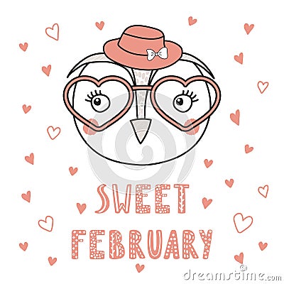 Cute owl in heart shaped glasses Vector Illustration