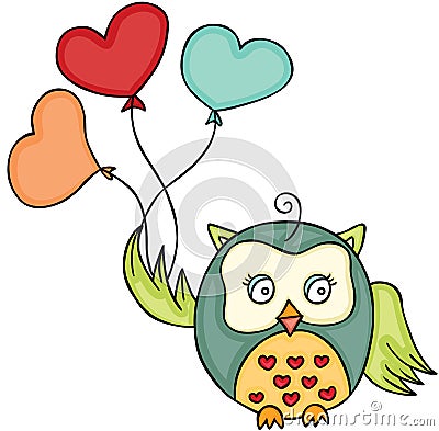 Cute owl holding heart shaped balloons Vector Illustration