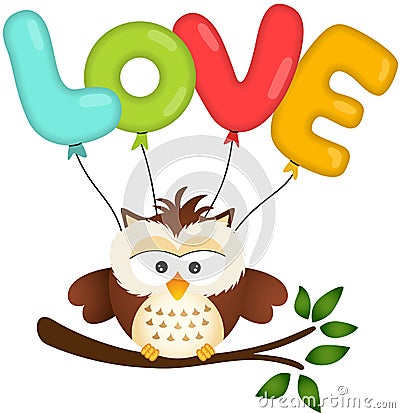 Cute Owl with Love Balloon Vector Illustration