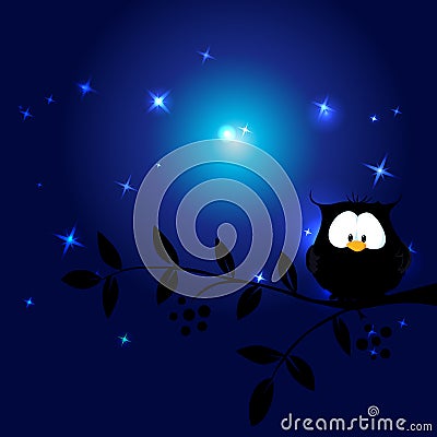 Cute owl in the night sitting on branch - vector Vector Illustration