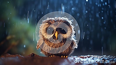 Cute Owl In The Rain: Unreal Engine 5 Art Inspired By Joel Robison And Patricia Piccinini Stock Photo