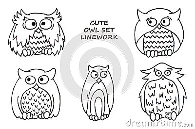 Cute owl set - linework. Illustration for kids. Stock Photo