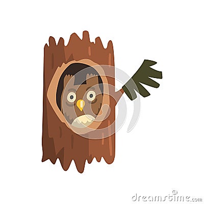 Cute owl sitting in hollow of tree, hollowed out old tree and cute animal cartoon character inside vector Illustration Vector Illustration