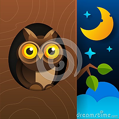 Cute Owl Sitting In Hollow Of Tree, Hollowed Out Old Tree And Cute Animal Cartoon Character Vector Vector Illustration