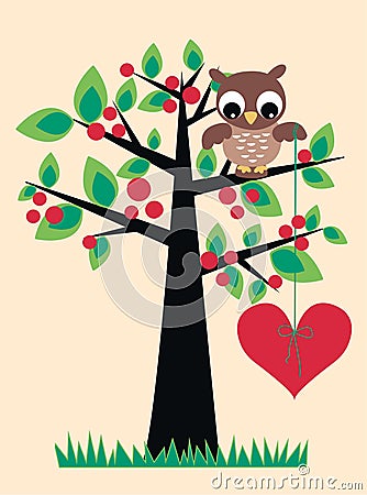 A cute owl sitting in a tree Vector Illustration