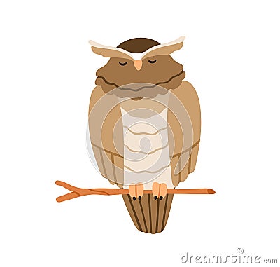 Cute owl sleeping, sitting on branch. Feathered night bird asleep on tree twig. Adorable sleepy birdie relaxing Vector Illustration