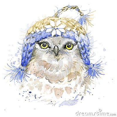 Cute owl T-shirt graphics, watercolor forest owl illustration Cartoon Illustration