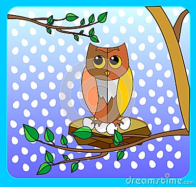 Cute owl on a tree branch in the style of animation on a merry n Vector Illustration