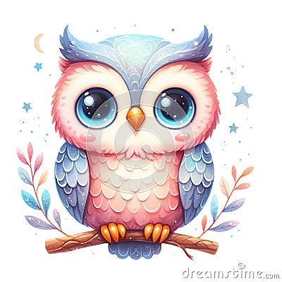 Cute owl on the tree isolated on transparent background. AI Stock Photo