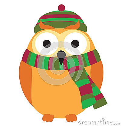 Cute owl wearing a knitted warm hat, and a scarf. Vector Illustration