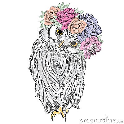 Cute owl in a wreath of flowers. Vector Illustration