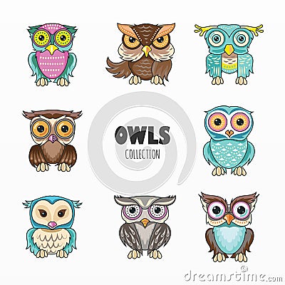 Cute owls birds cartoon set Vector Illustration