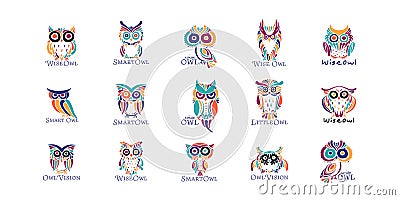 Cute owls coloful collection, logo design template Vector Illustration