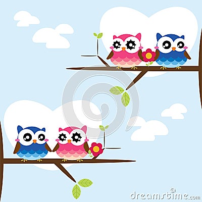 Cute owls couple on the tree branch. Vector Illustration