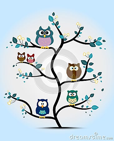 Cute owls perched on a tree Vector Illustration